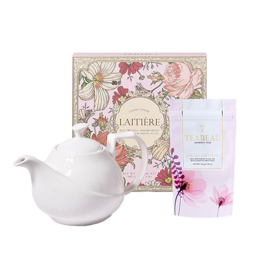 Tastes of Tea Gift Set, English Breakfast tea, a selection of tea-inspired chocolate truffles, and a ceramic tea pot for brewing and serving, from Canada Blooms - Canada Delivery