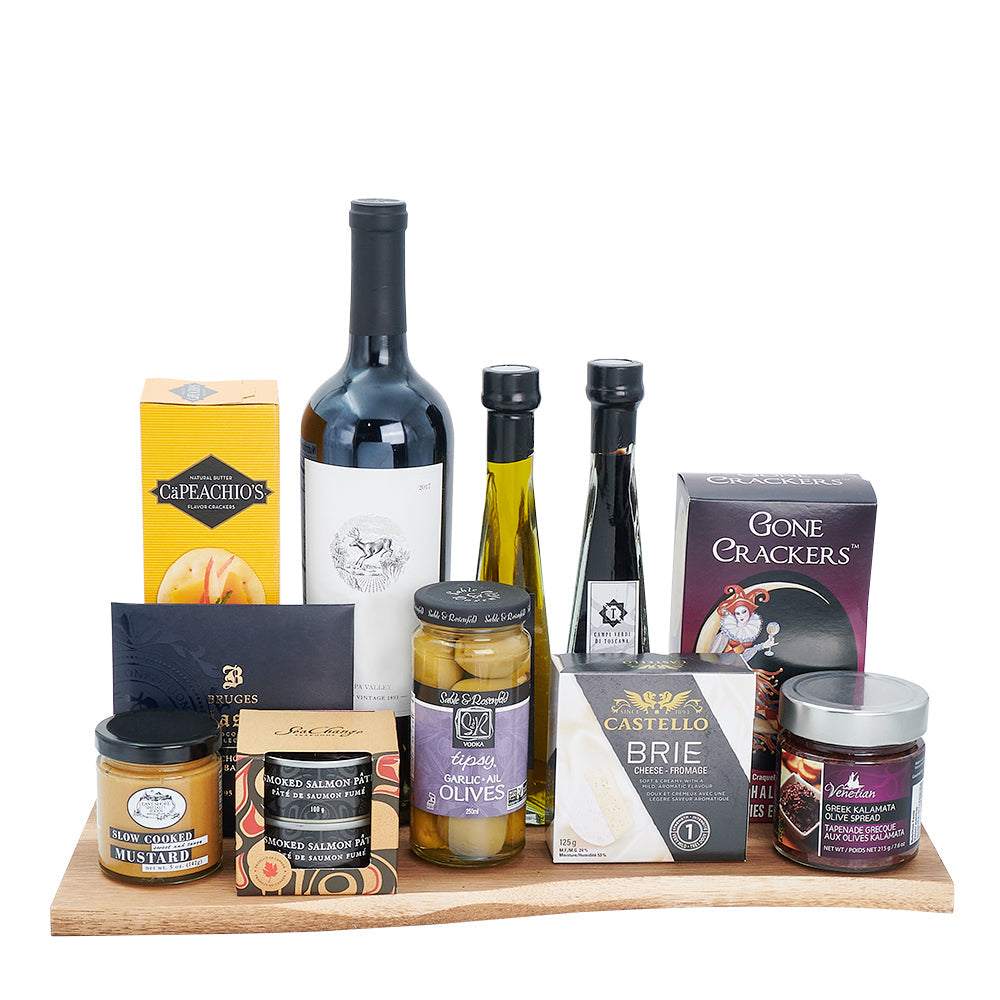 The Tuscany Wine Gift Basket, Brimming with crackers, savory olive spread, smoked salmon, velvety gourmet cheeses, fine wine, and more, Wine Gifts from Canada Blooms - Canada Delivery