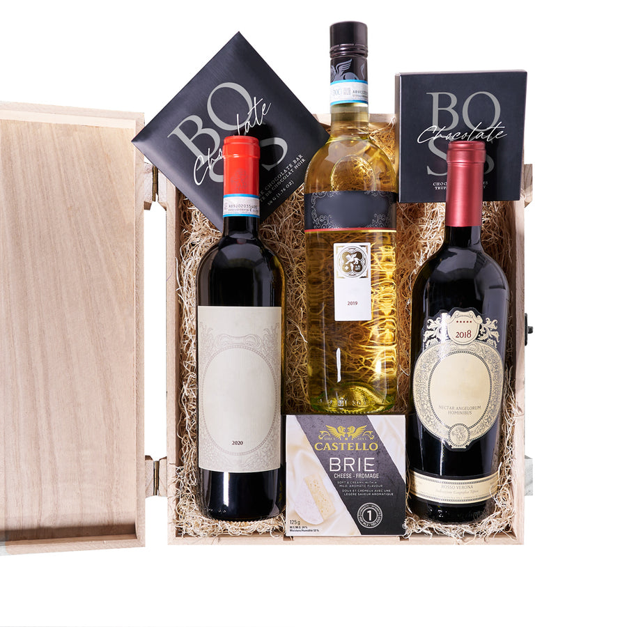 Trio of Wine Gourmet Gift Box, wine gift, wine, wine trio, chocolate gift, chocolate, cheese gift, cheese. Blooms Canada Delivery