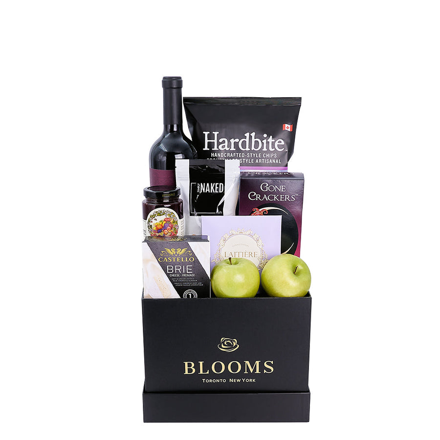 Valencia Wine Gift Basket, orchard-fresh apples, natural jam, gourmet cheese, a bottle of fine wine, and an array of snacks, Wine Gifts from Blooms Canada - Same Day Canada Delivery.