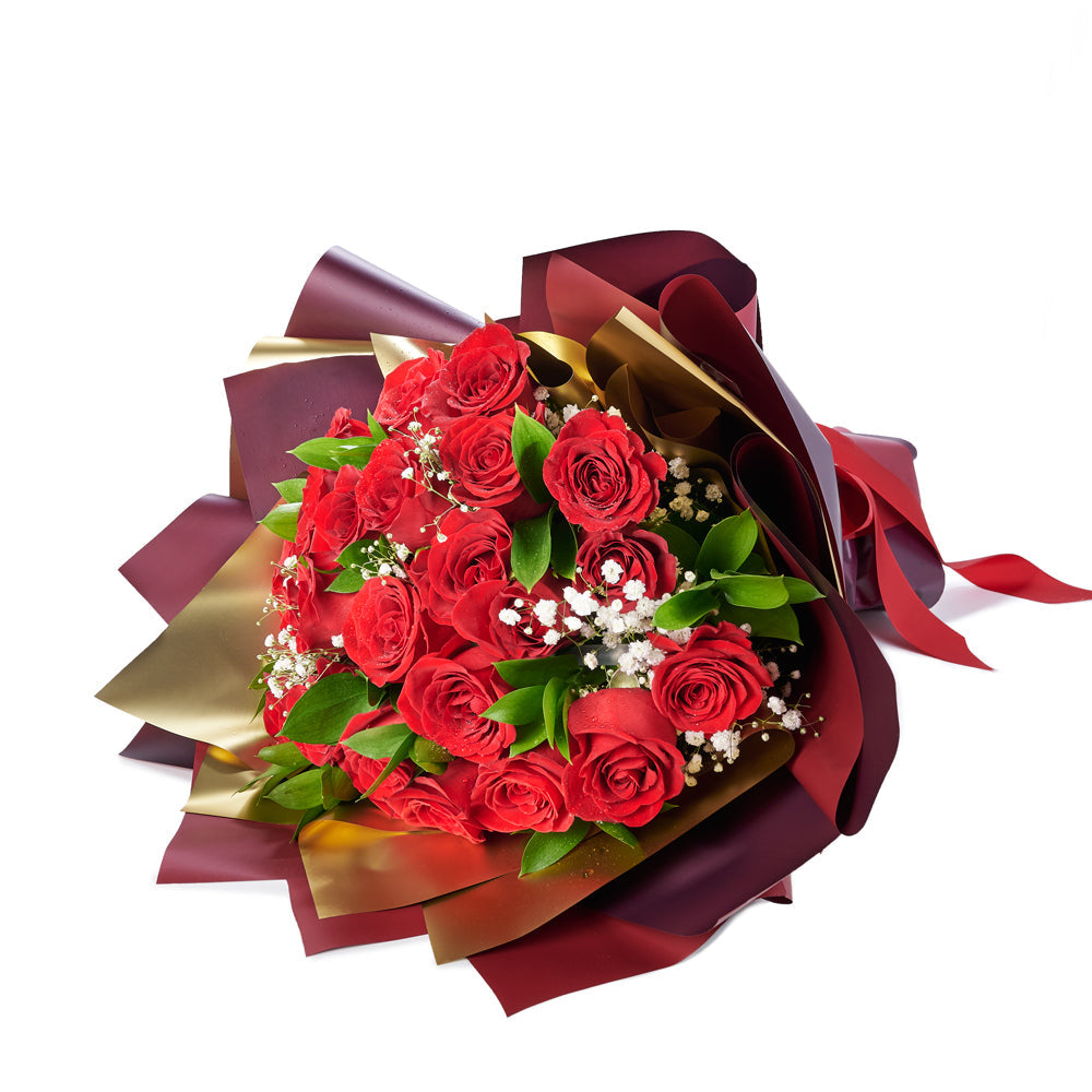 Valentine's Day 24 Red Roses Bouquet, 24 red roses gathered with Salal and Baby's Breath in a floral wrap and tied with designer ribbon, Holiday gifts from Canada Blooms - Canada Delivery