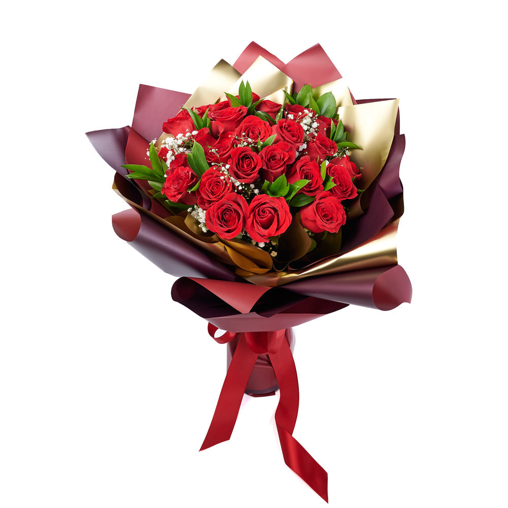 Valentine's Day 24 Red Roses Bouquet, 24 red roses gathered with Salal and Baby's Breath in a floral wrap and tied with designer ribbon, Holiday gifts from Canada Blooms - Canada Delivery