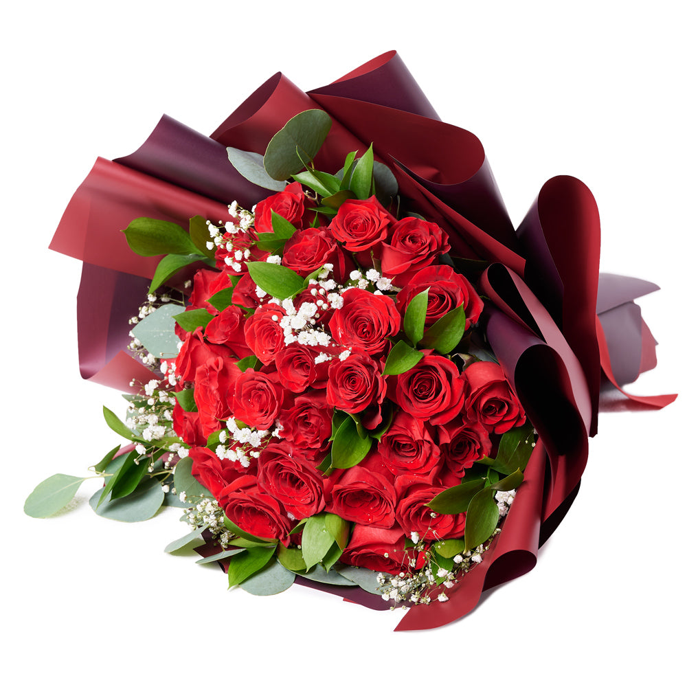 Valentine's Day 36 Red Roses Bouquet, selection of 36 red roses gathered with Salal and Baby's Breath in a floral wrap and tied with designer ribbon, Flower gifts from Canada Blooms - Canada Delivery