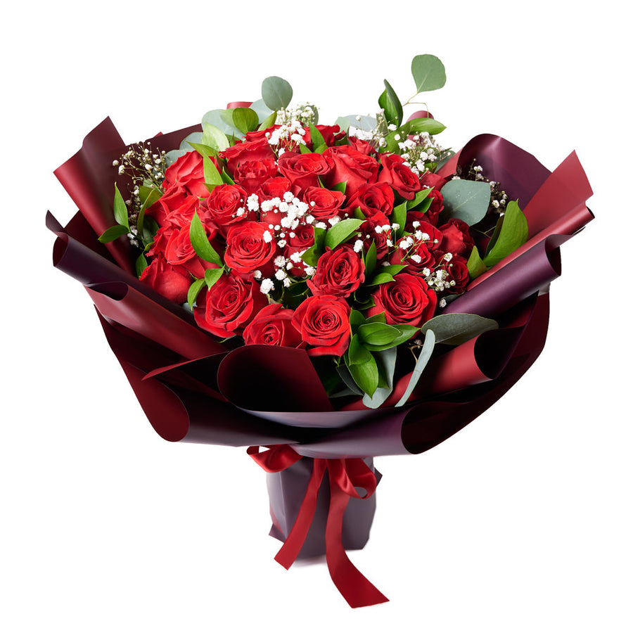Valentine's Day 36 Red Roses Bouquet, selection of 36 red roses gathered with Salal and Baby's Breath in a floral wrap and tied with designer ribbon, Flower gifts from Canada Blooms - Canada Delivery