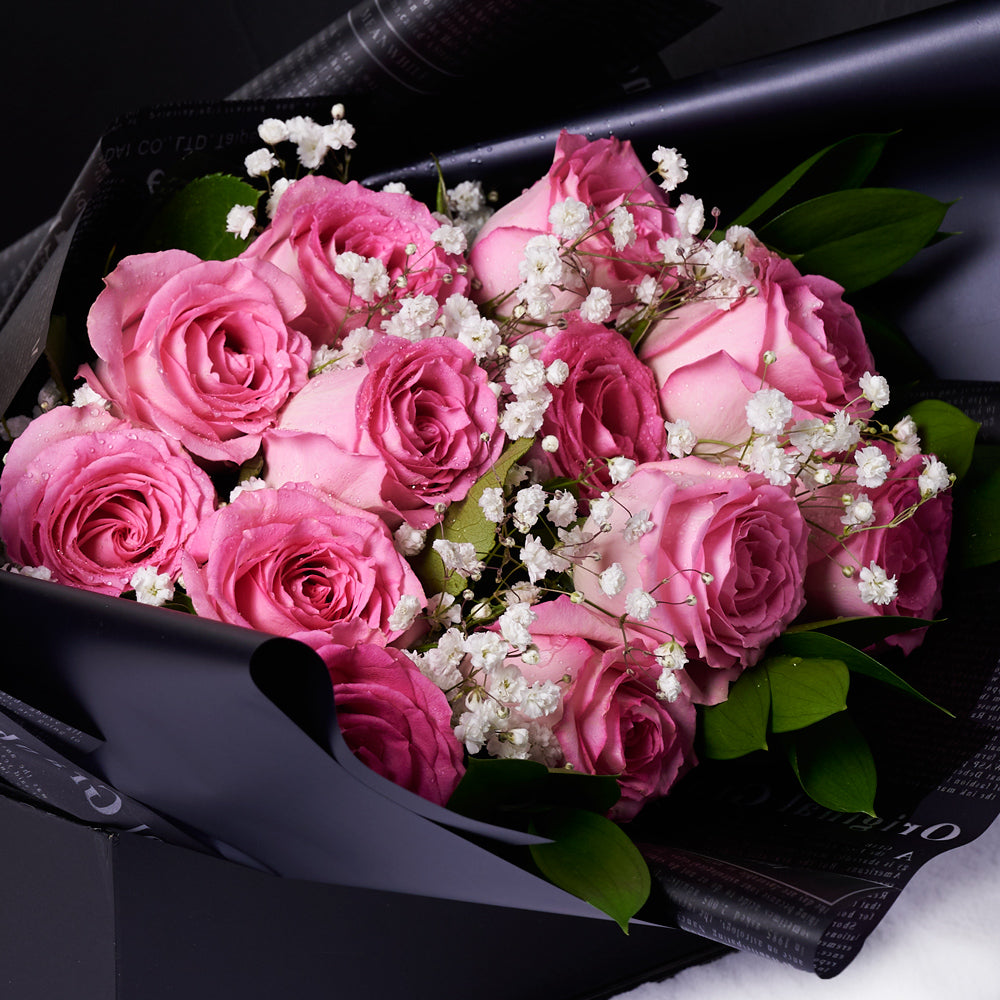 Valentine's Day 12 Stem Pink Rose Bouquet With Box & Bear, Valentine's Day gifts, Canada Same Day Flower Delivery, plush gifts. – Canada Blooms - Canada Delivery