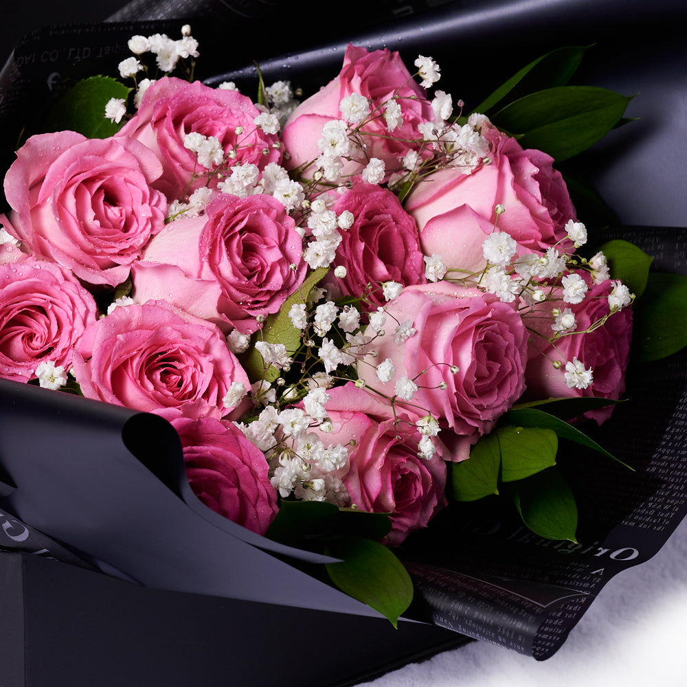 Valentine's Day 12 Stem Pink Rose Bouquet With Box & Wine, Canada Same Day Flower Delivery, Valentine's Day gifts, rose gifts, pink roses, wine gifts. – Canada Blooms - Canada Delivery