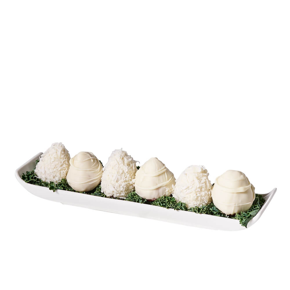 White Chocolate Covered Strawberries Gift, six white chocolate-covered strawberries elegantly arranged on a ceramic dish, Gourmet Gifts from Canada Blooms - Canada Delivery