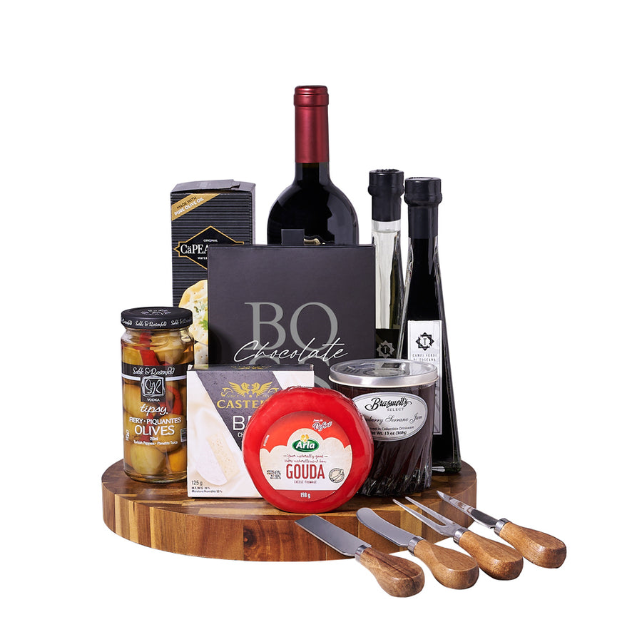 Wine & Cheeseboard Gourmet Gift, wine gift, wine, gourmet gift, gourmet, cheeseboard gift, cheeseboard, cheese board, Blooms Canada Delivery