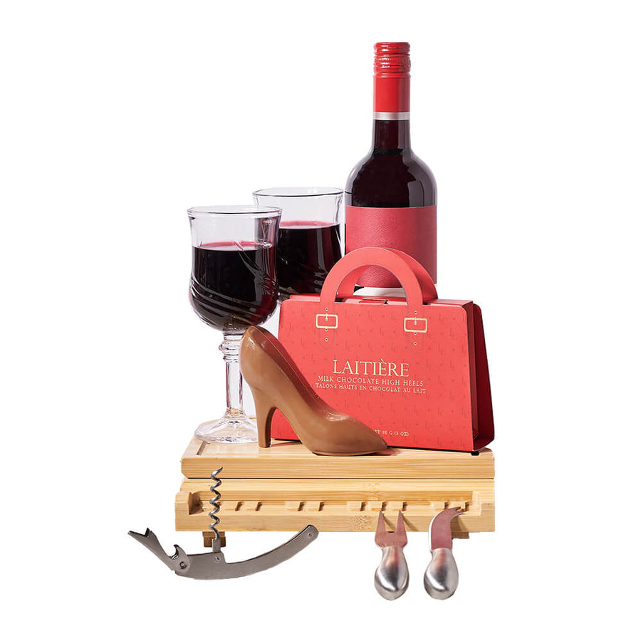 Wine & Chocolate Heel Set, bottle of wine, two wine glasses, a collection of milk chocolate high heels, and a gourmet grand piano serving board with tools inside, Gourmet Gifts from Blooms Canada - Same Day Canada Delivery.