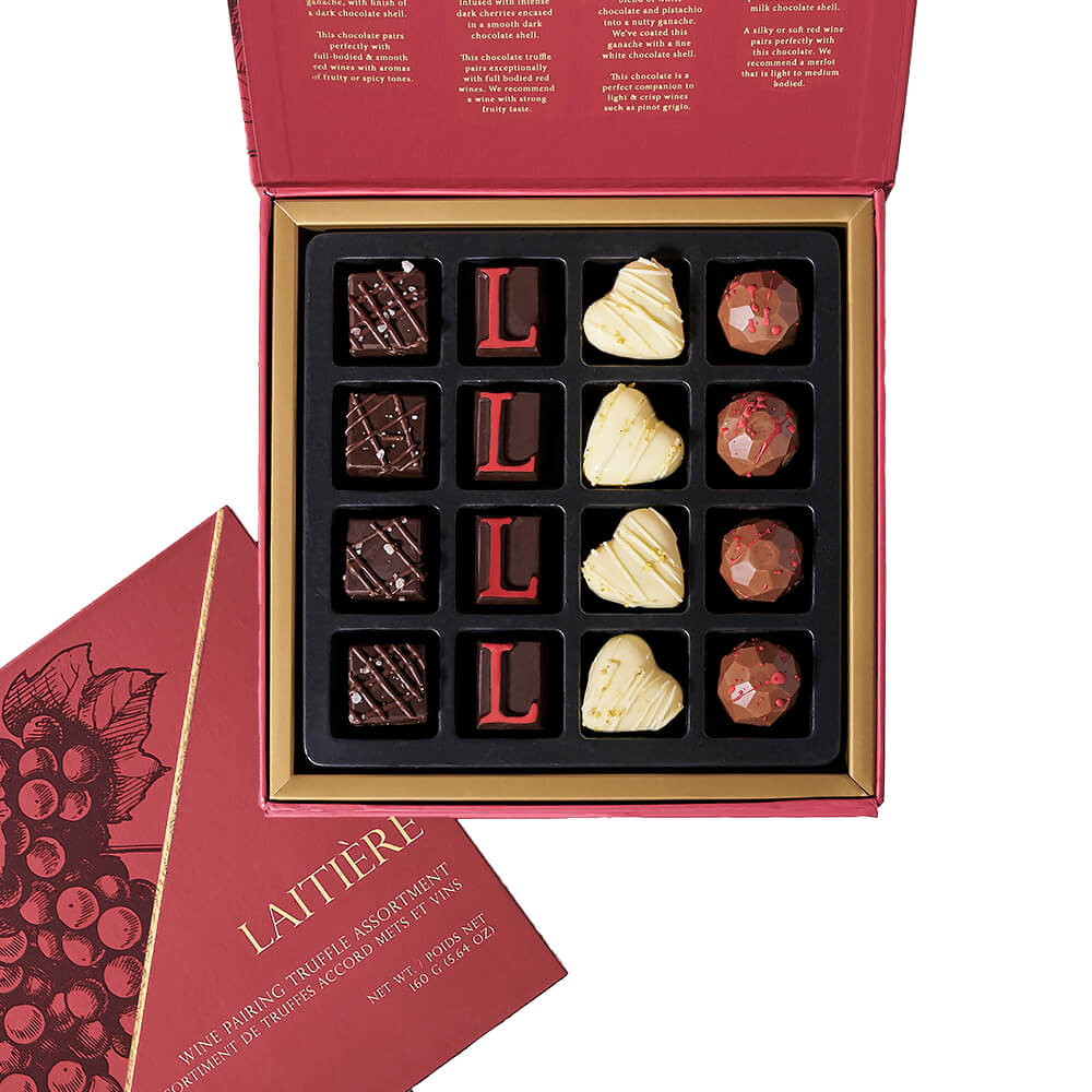 Wine & Chocolate Pairing Gift Set, bottle of wine, wine-inspired chocolate truffles, milk chocolate high heels, and a beautiful live-edge serving board, Gourmet Gifts from Canada Blooms - Canada Delivery