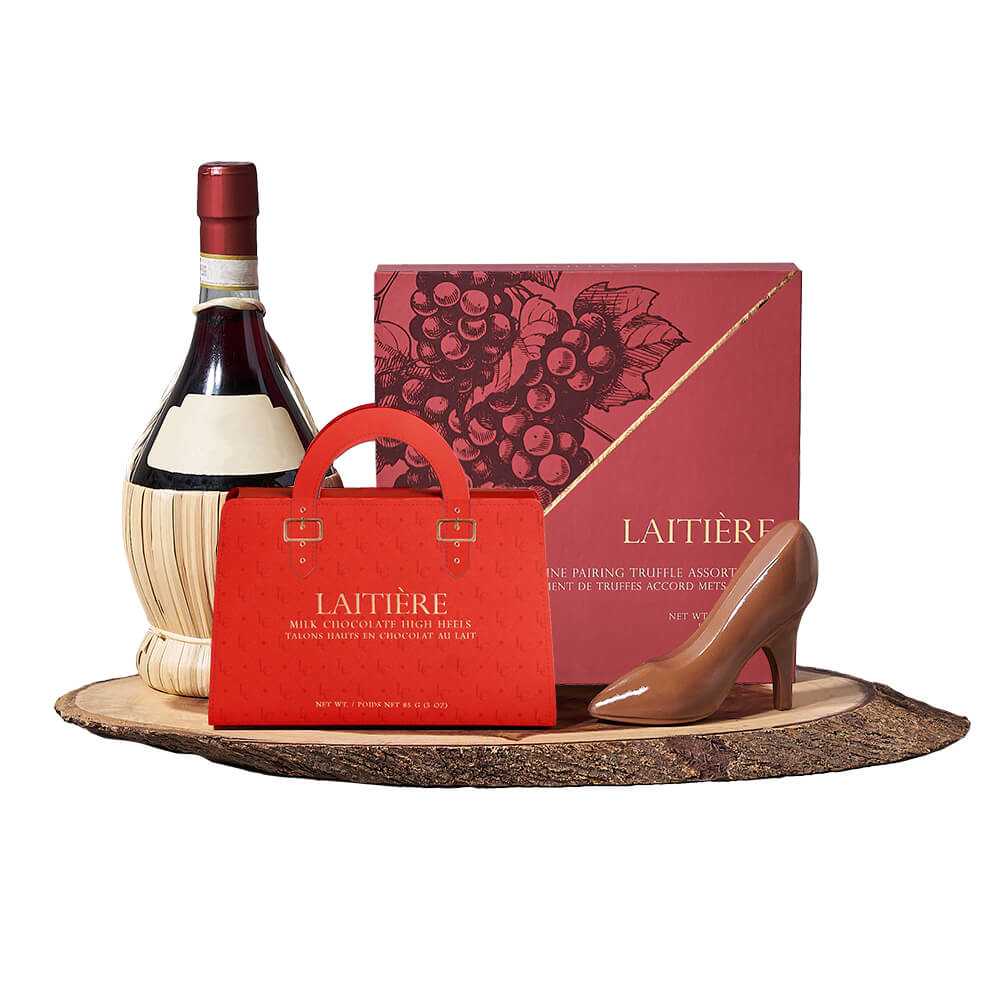Wine & Chocolate Pairing Gift Set, bottle of wine, wine-inspired chocolate truffles, milk chocolate high heels, and a beautiful live-edge serving board, Gourmet Gifts from Canada Blooms - Canada Delivery