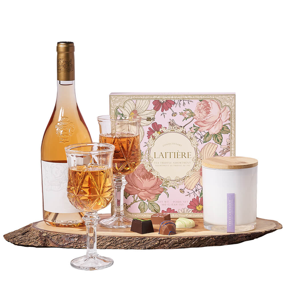 Wine & Fine Things Set, set of tea-inspired chocolate truffles, a lavender-scented candle, a bottle of wine, two wine glasses, and a live-edge serving board, Wine Gifts from Canada Blooms - Canada Delivery