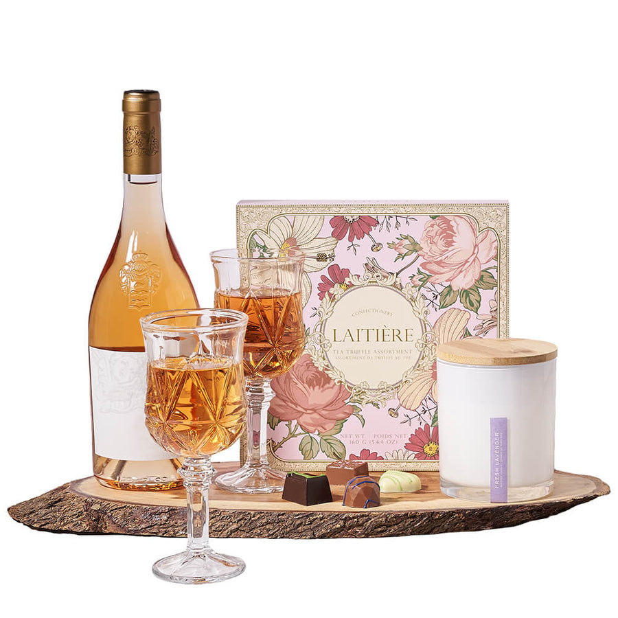 Wine & Fine Things Set, set of tea-inspired chocolate truffles, a lavender-scented candle, a bottle of wine, two wine glasses, and a live-edge serving board, Wine Gifts from Blooms Canada - Same Day Canada Delivery.