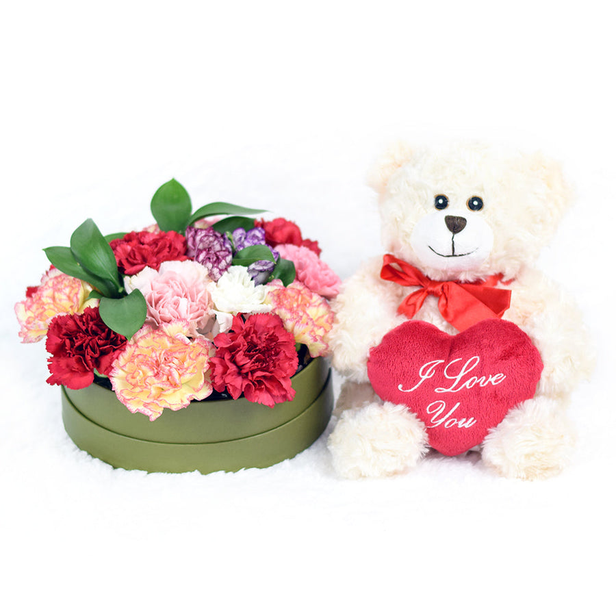 You Make Me Smile Flower Gift, lovely selection of mixed carnations and ruscus in a short green designer hat box, Stuffed Teddy Bear, Flower Gifts from Blooms Canada - Same Day Canada Delivery.